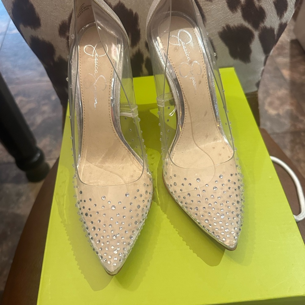 Jessica Simpson Nude Pointed-Toe Crystal Pumps with Clear Sides